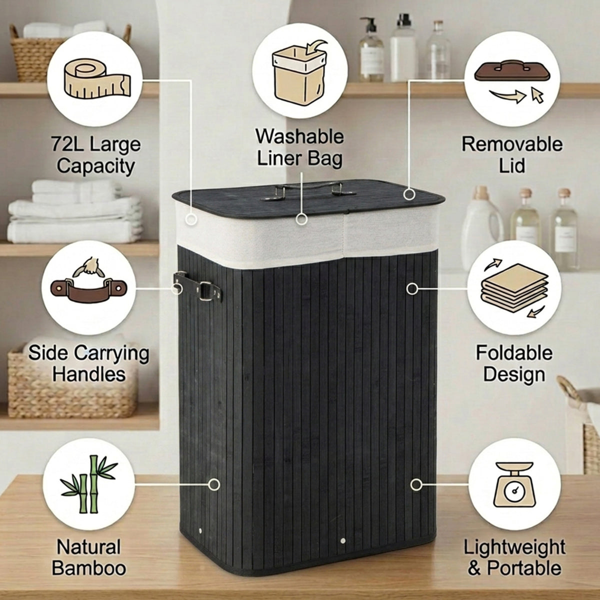 72L Bamboo Laundry Hamper with Lid and Removable Liner Bag Home Storage