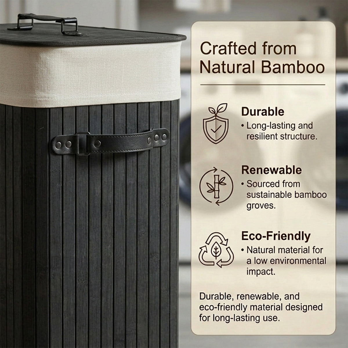 72L Bamboo Laundry Hamper with Lid and Removable Liner Bag Home Storage