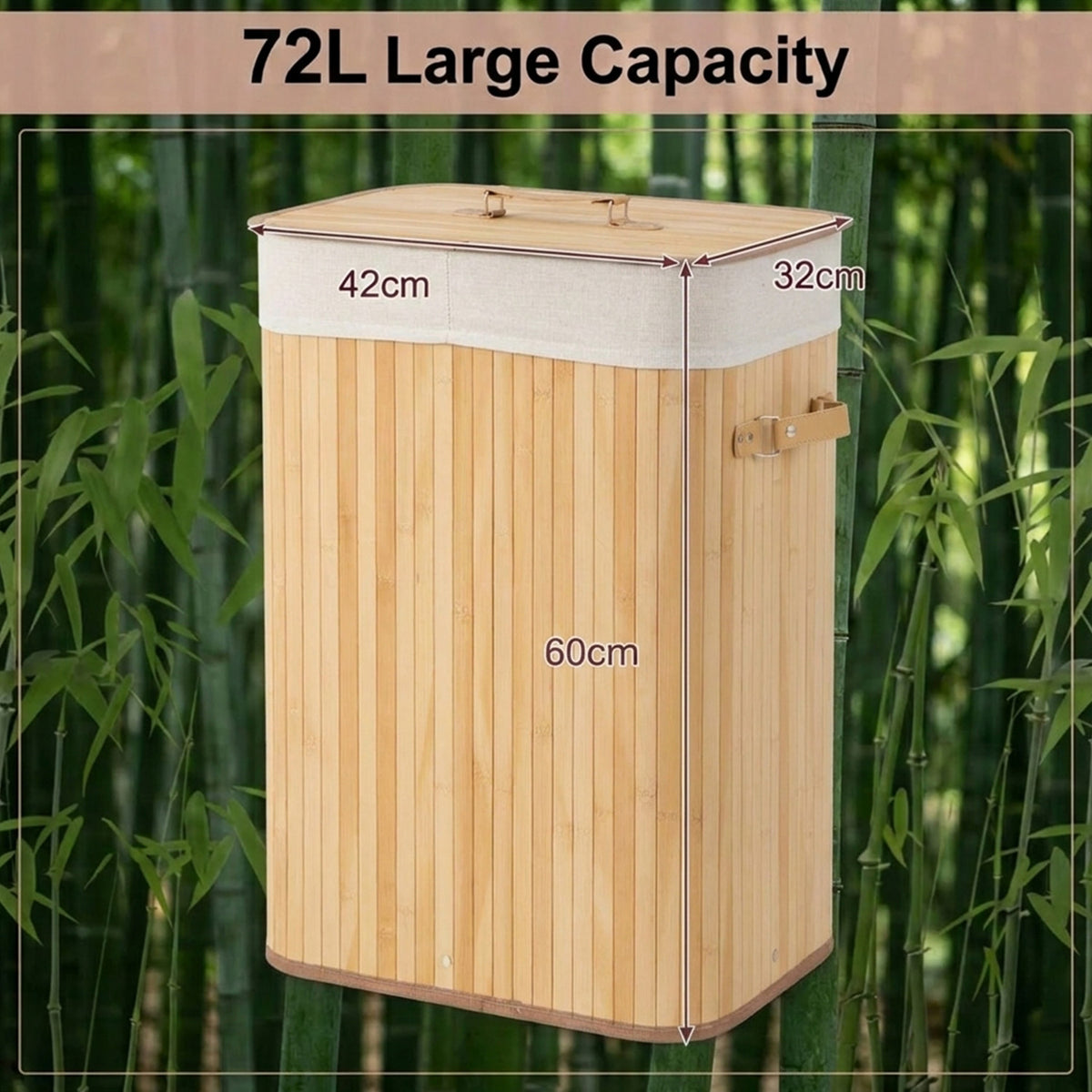 72L Bamboo Laundry Hamper with Lid and Removable Liner Bag Home Storage
