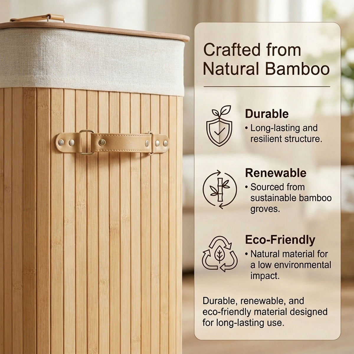 72L Bamboo Laundry Hamper with Lid and Removable Liner Bag Home Storage