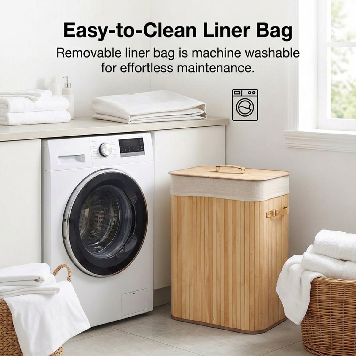72L Bamboo Laundry Hamper with Lid and Removable Liner Bag Home Storage
