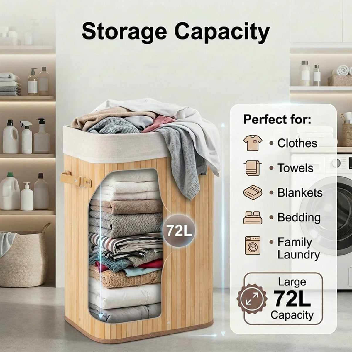 72L Bamboo Laundry Hamper with Lid and Removable Liner Bag Home Storage