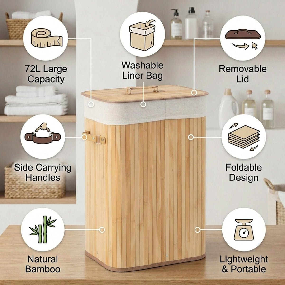 72L Bamboo Laundry Hamper with Lid and Removable Liner Bag Home Storage