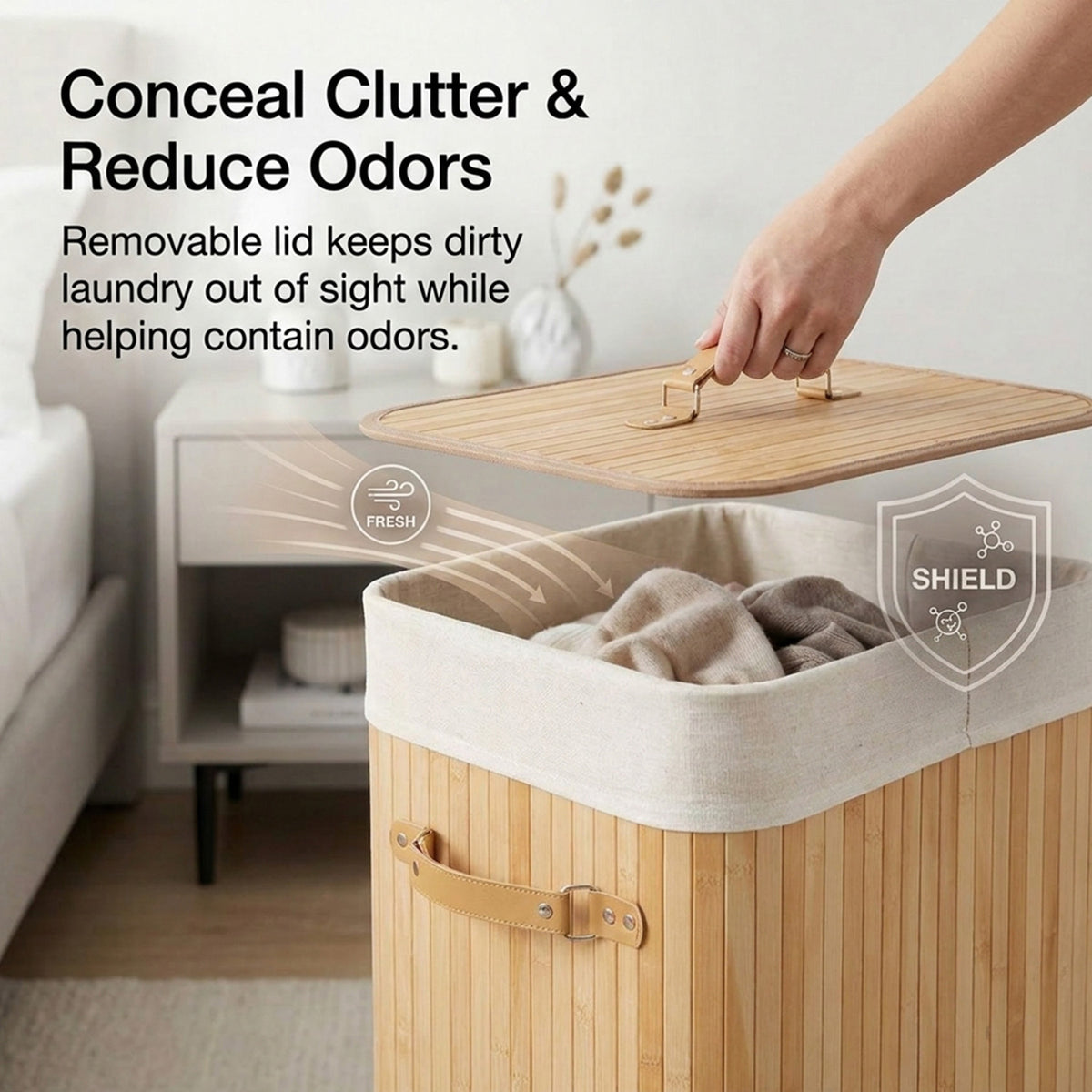 72L Bamboo Laundry Hamper with Lid and Removable Liner Bag Home Storage