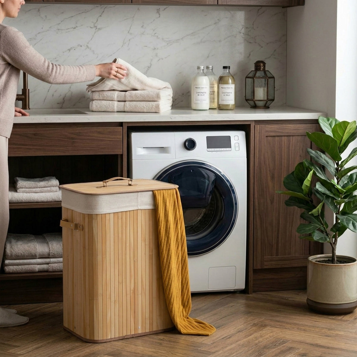 72L Bamboo Laundry Hamper with Lid and Removable Liner Bag Home Storage