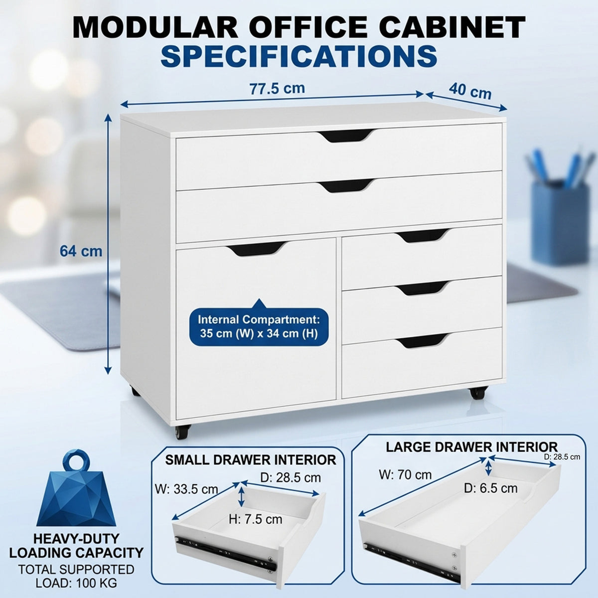 Mobile Chest of Drawers with 5 Casters and Door Furniture Storage Home