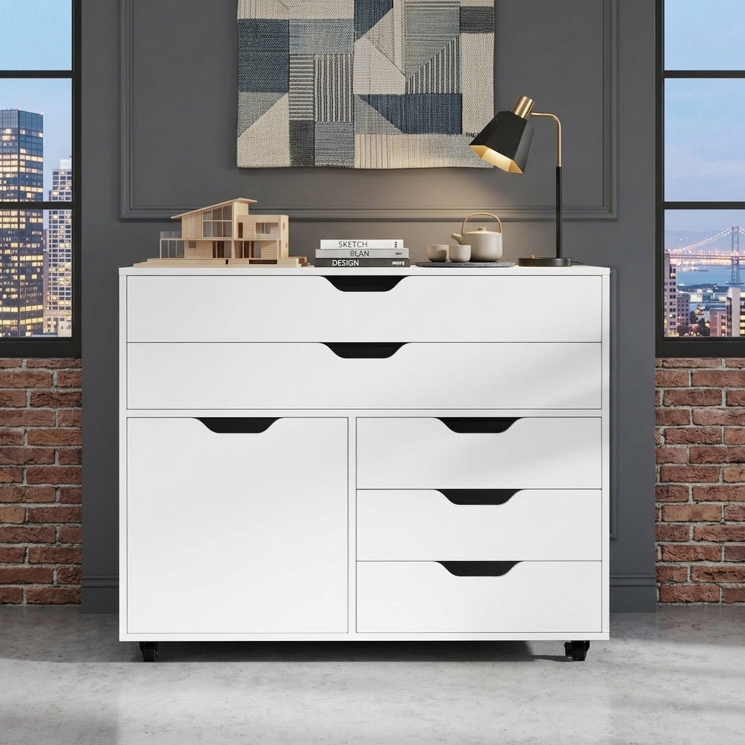 Mobile Chest of Drawers with 5 Casters and Door Furniture Storage Home