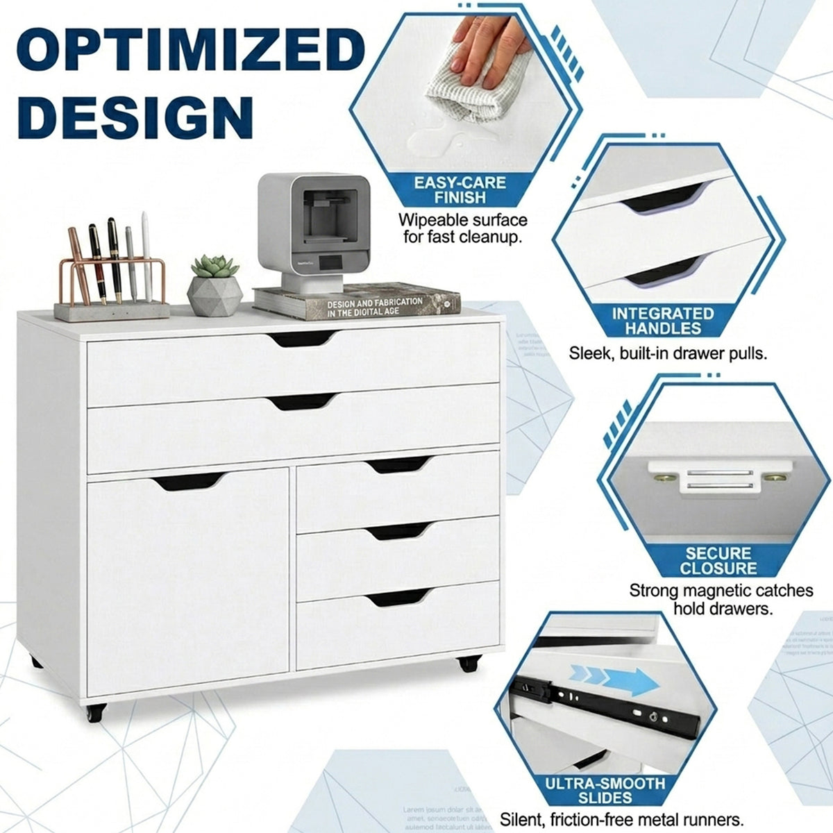 Mobile Chest of Drawers with 5 Casters and Door Furniture Storage Home