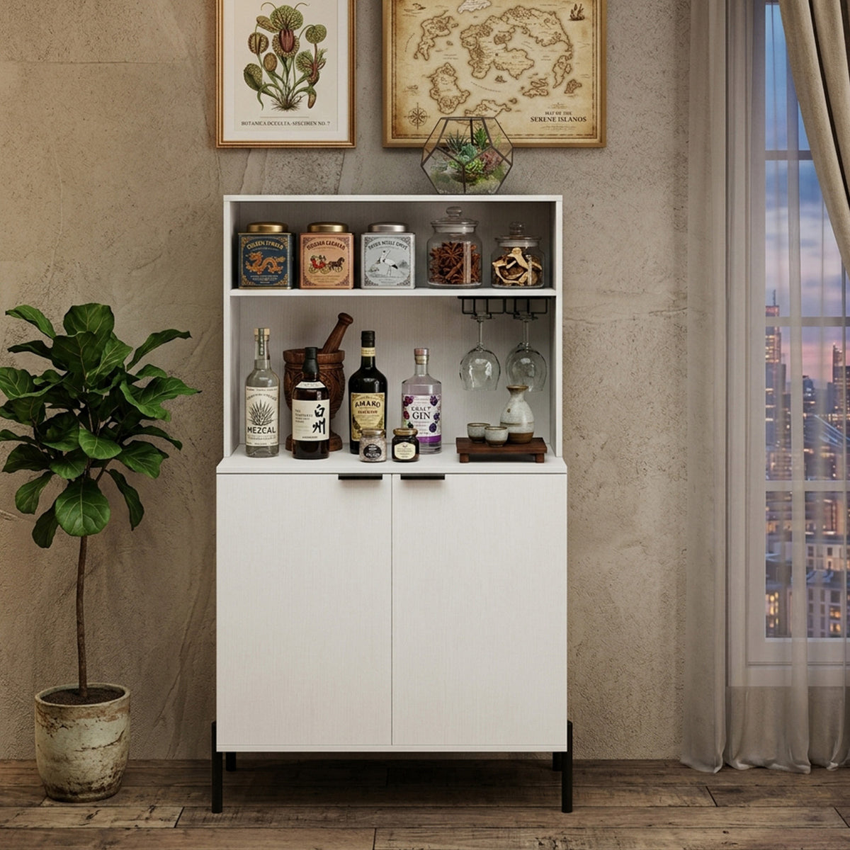 164cm Kitchen Pantry Cabinet with Charging Station Wine Bar Storage Furniture