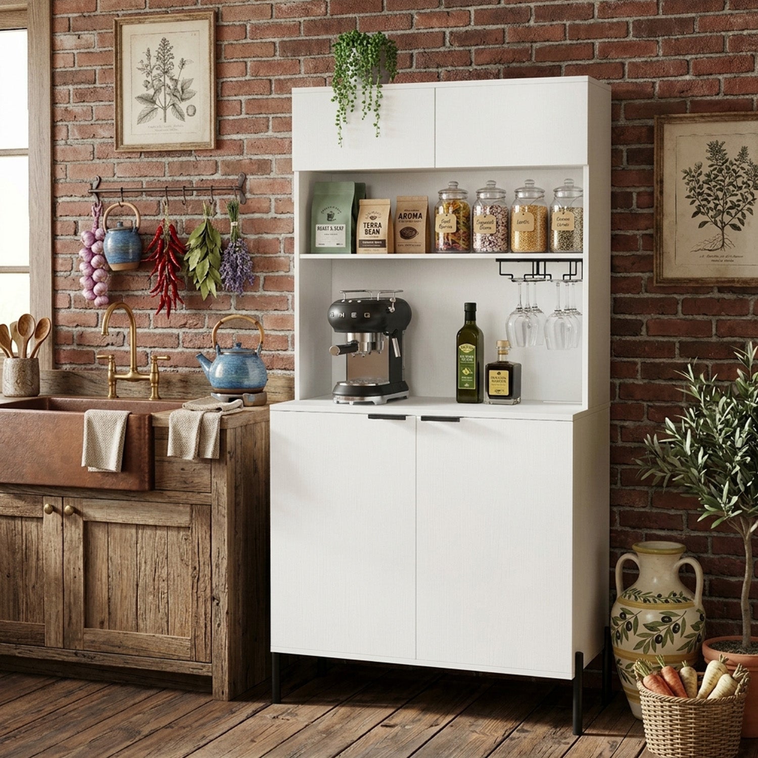 164cm Kitchen Pantry Cabinet with Charging Station Wine Bar Storage Furniture