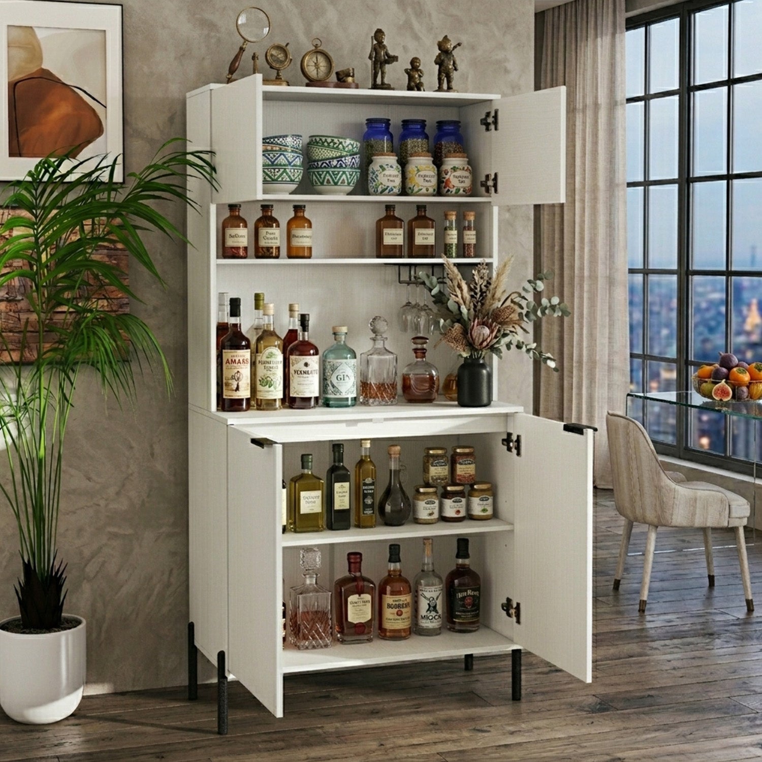 164cm Kitchen Pantry Cabinet with Charging Station Wine Bar Storage Furniture