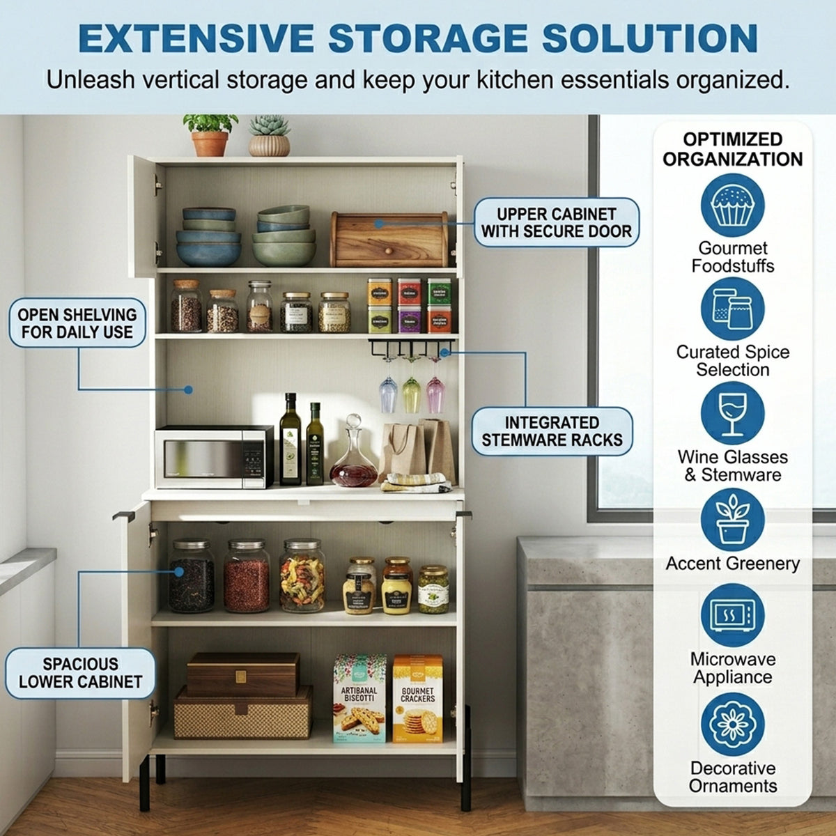 164cm Kitchen Pantry Cabinet with Charging Station Wine Bar Storage Furniture