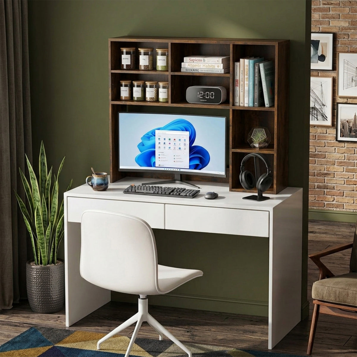 Desktop Bookshelf Desk Hutch Organizer 3 Adjustable Shelves Monitor Riser