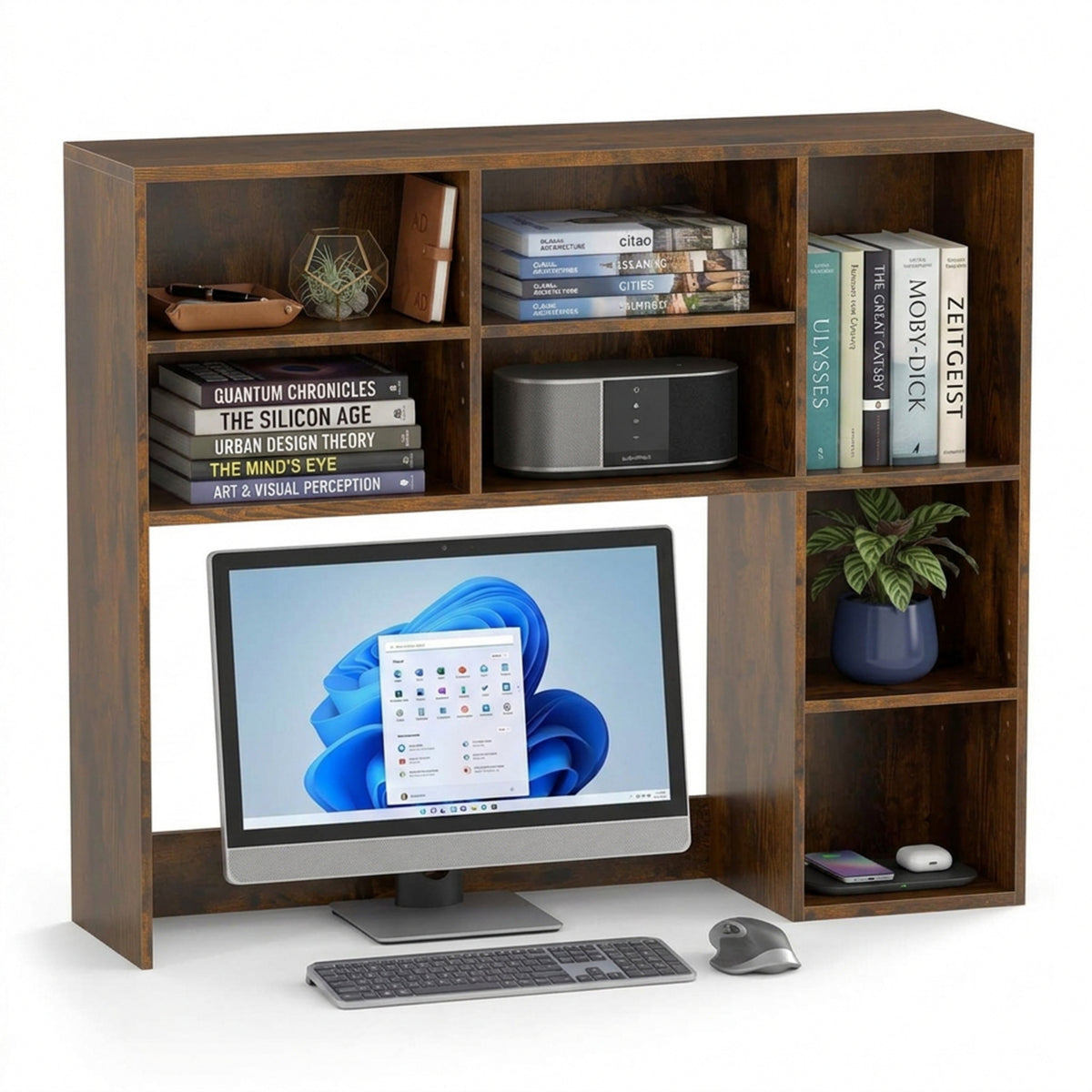 Desktop Bookshelf Desk Hutch Organizer 3 Adjustable Shelves Monitor Riser
