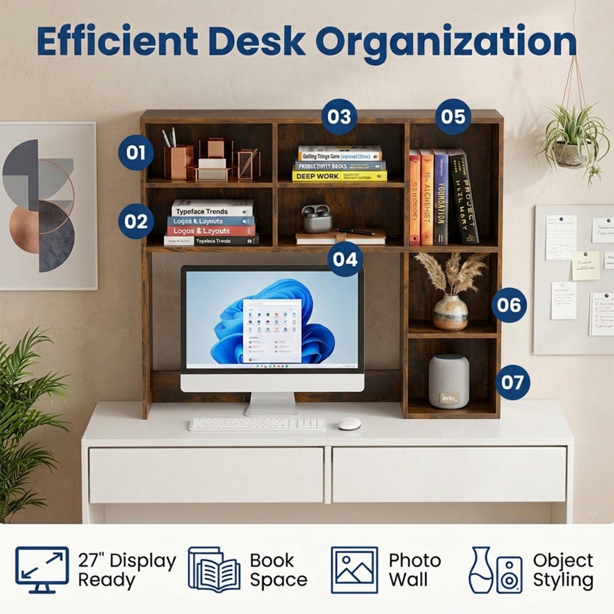 Desktop Bookshelf Desk Hutch Organizer 3 Adjustable Shelves Monitor Riser