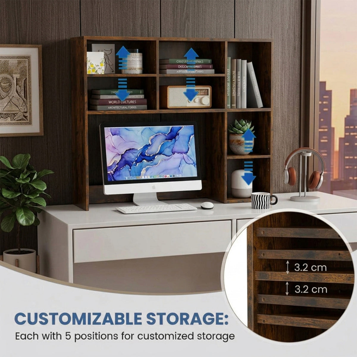 Desktop Bookshelf Desk Hutch Organizer 3 Adjustable Shelves Monitor Riser