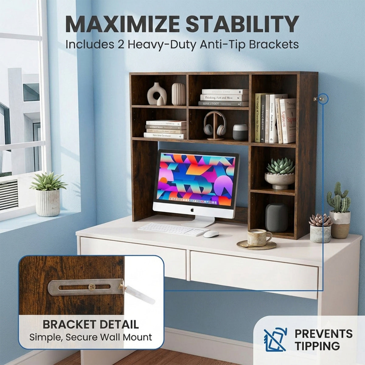 Desktop Bookshelf Desk Hutch Organizer 3 Adjustable Shelves Monitor Riser