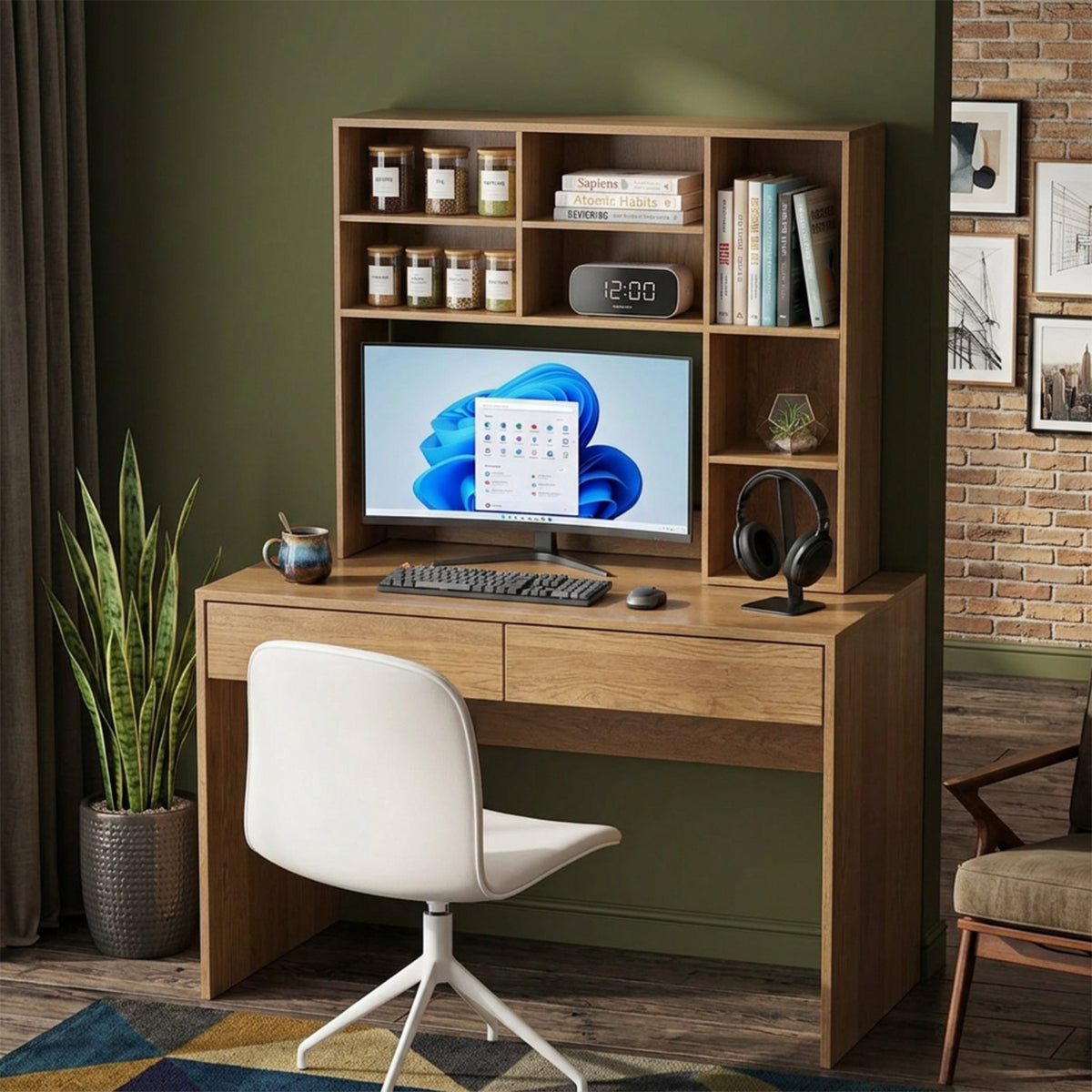 Desktop Bookshelf Desk Hutch Organizer 3 Adjustable Shelves Monitor Riser