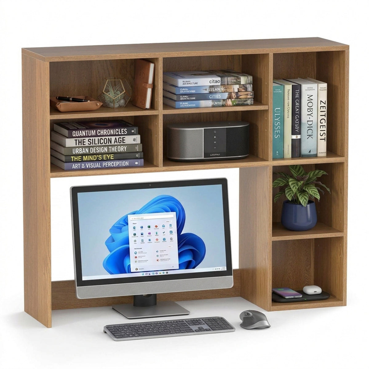 Desktop Bookshelf Desk Hutch Organizer 3 Adjustable Shelves Monitor Riser