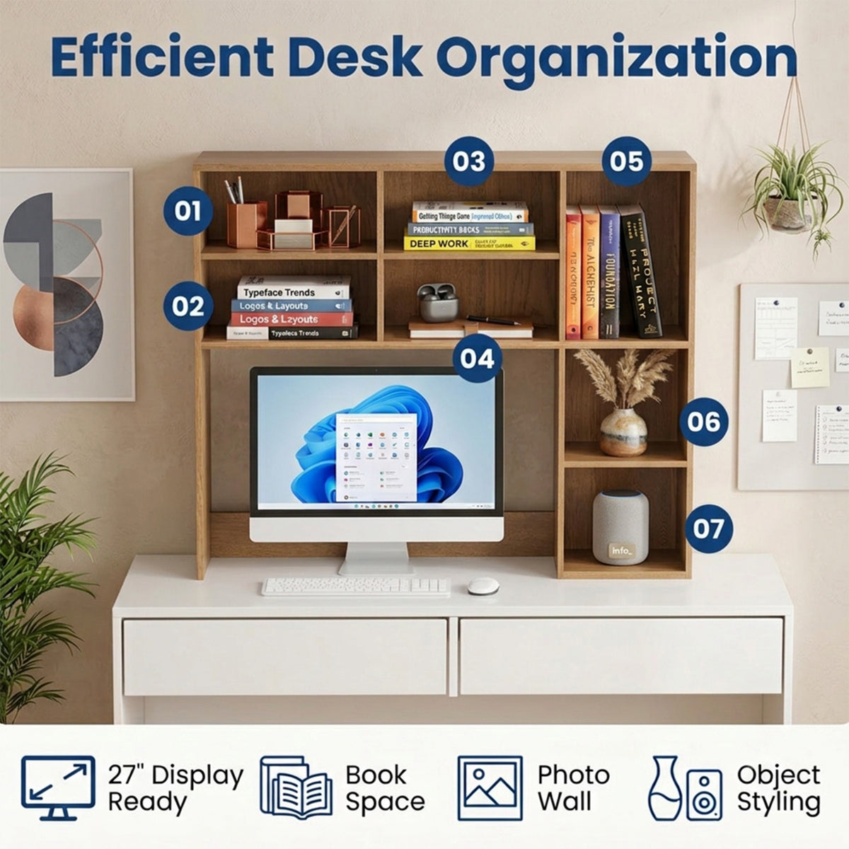 Desktop Bookshelf Desk Hutch Organizer 3 Adjustable Shelves Monitor Riser