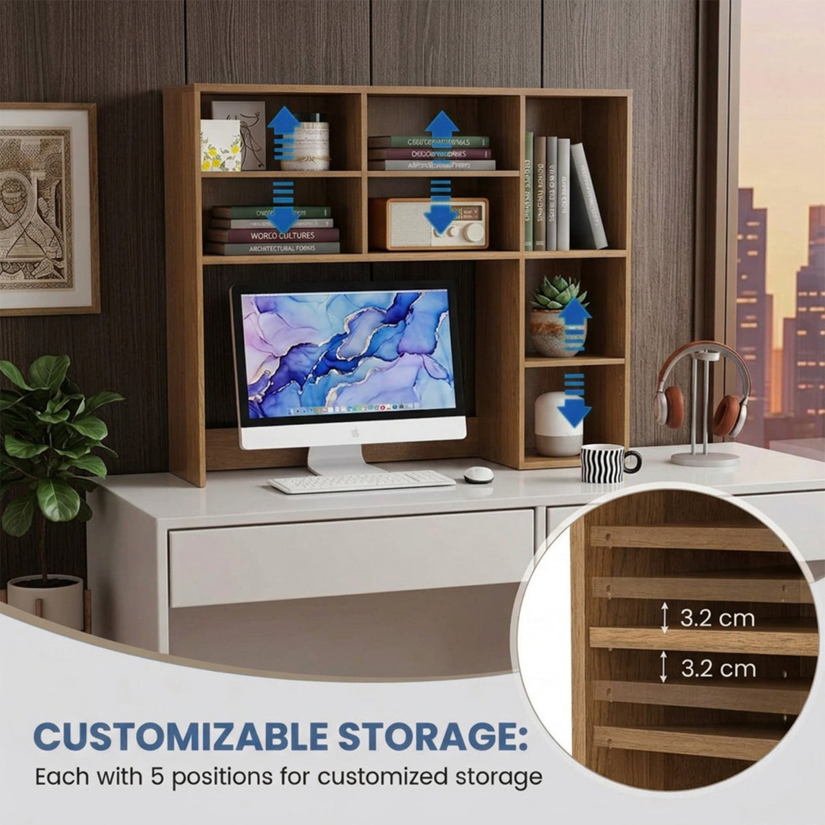 Desktop Bookshelf Desk Hutch Organizer 3 Adjustable Shelves Monitor Riser