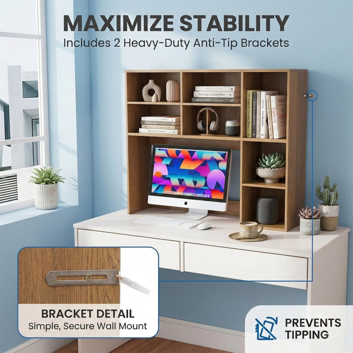 Desktop Bookshelf Desk Hutch Organizer 3 Adjustable Shelves Monitor Riser