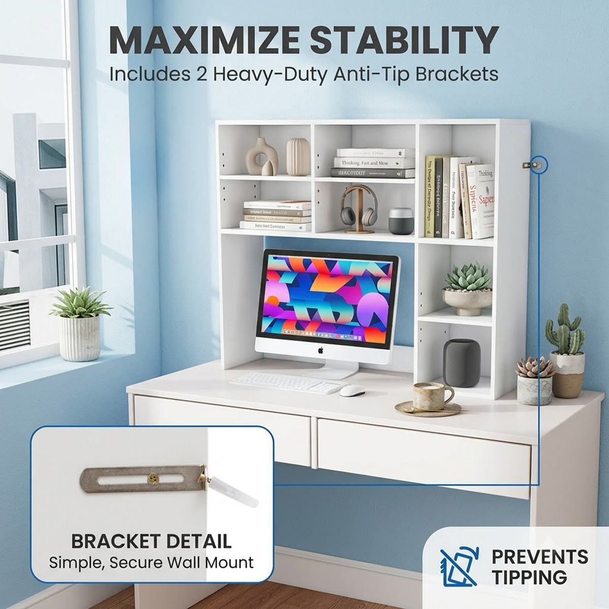 Desktop Bookshelf Desk Hutch Organizer 3 Adjustable Shelves Monitor Riser