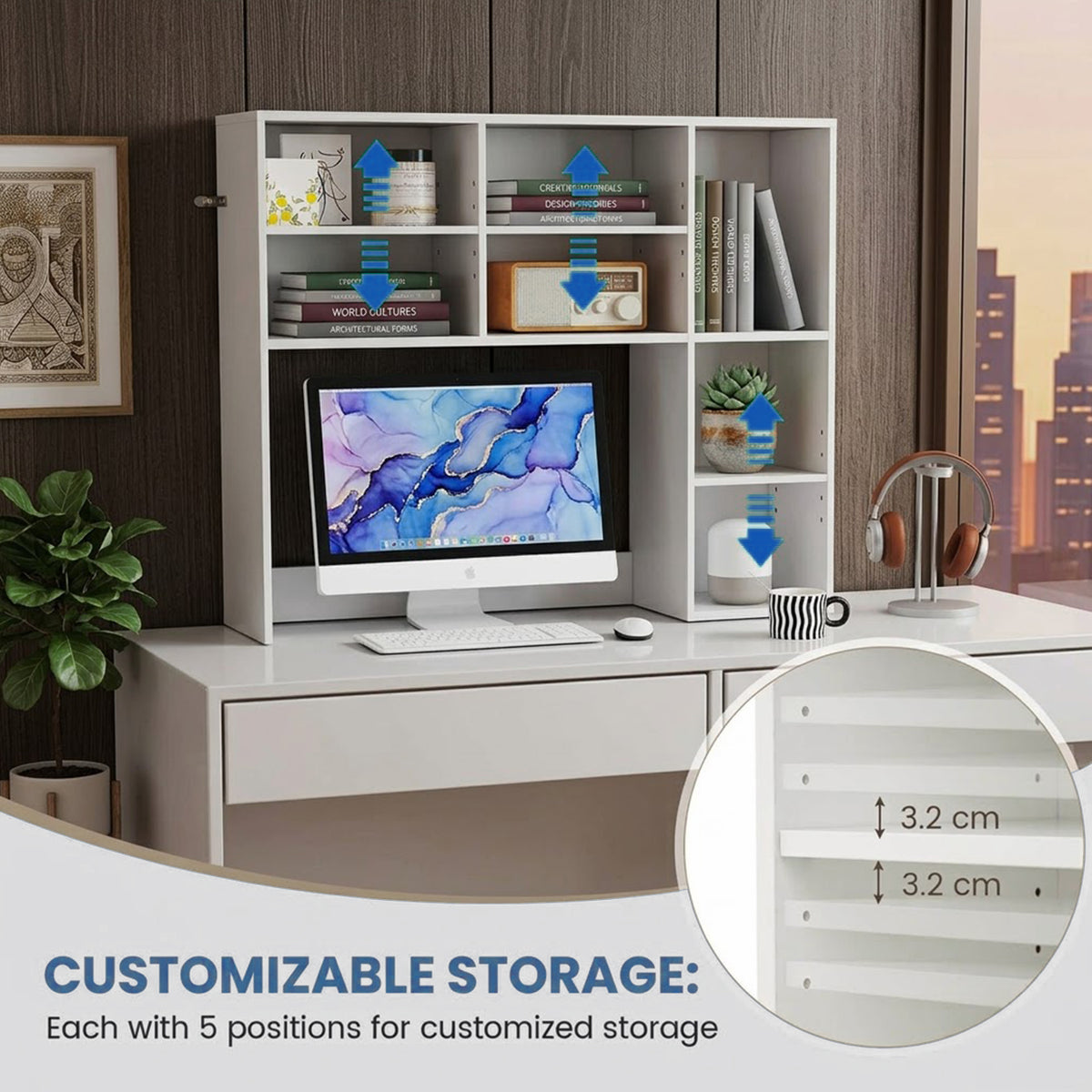Desktop Bookshelf Desk Hutch Organizer 3 Adjustable Shelves Monitor Riser