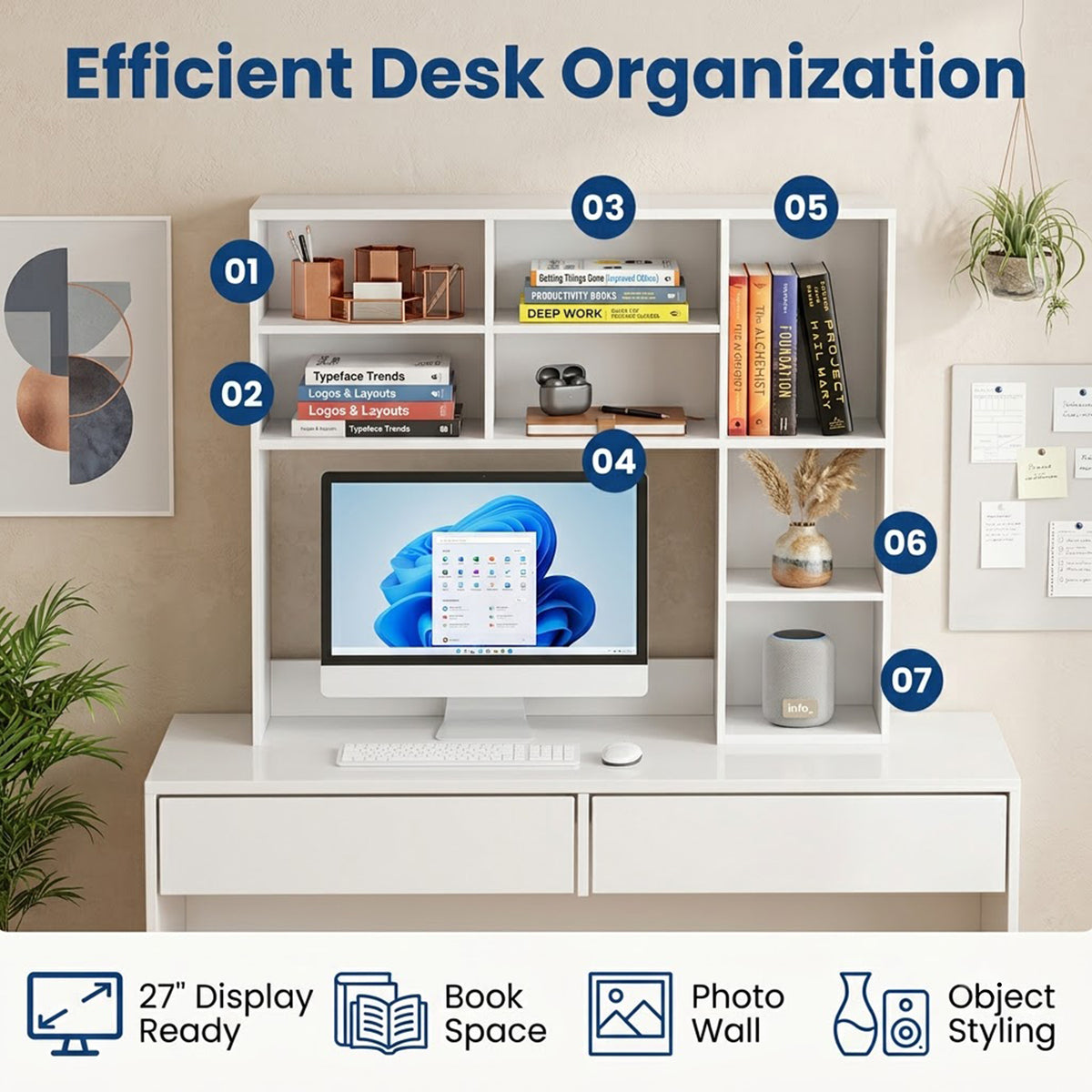 Desktop Bookshelf Desk Hutch Organizer 3 Adjustable Shelves Monitor Riser