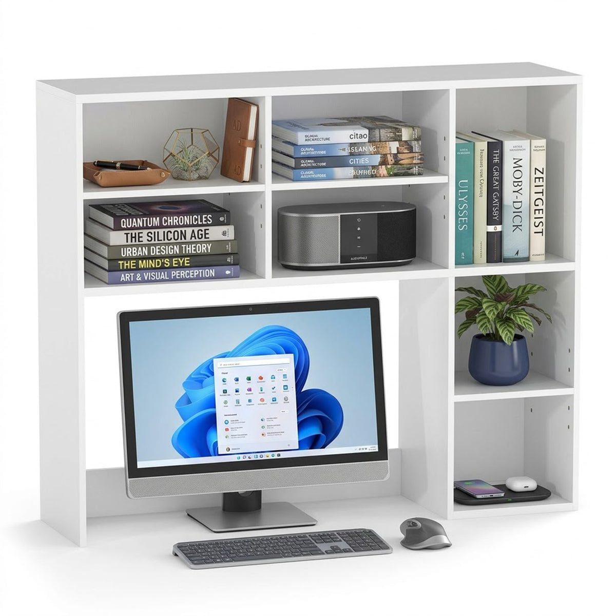 Desktop Bookshelf Desk Hutch Organizer 3 Adjustable Shelves Monitor Riser