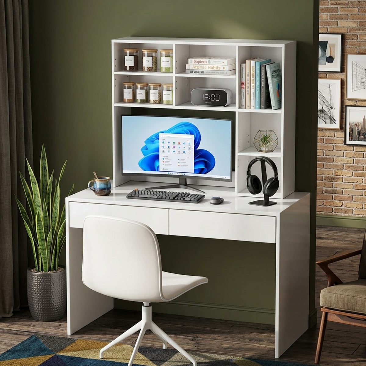 Desktop Bookshelf Desk Hutch Organizer 3 Adjustable Shelves Monitor Riser