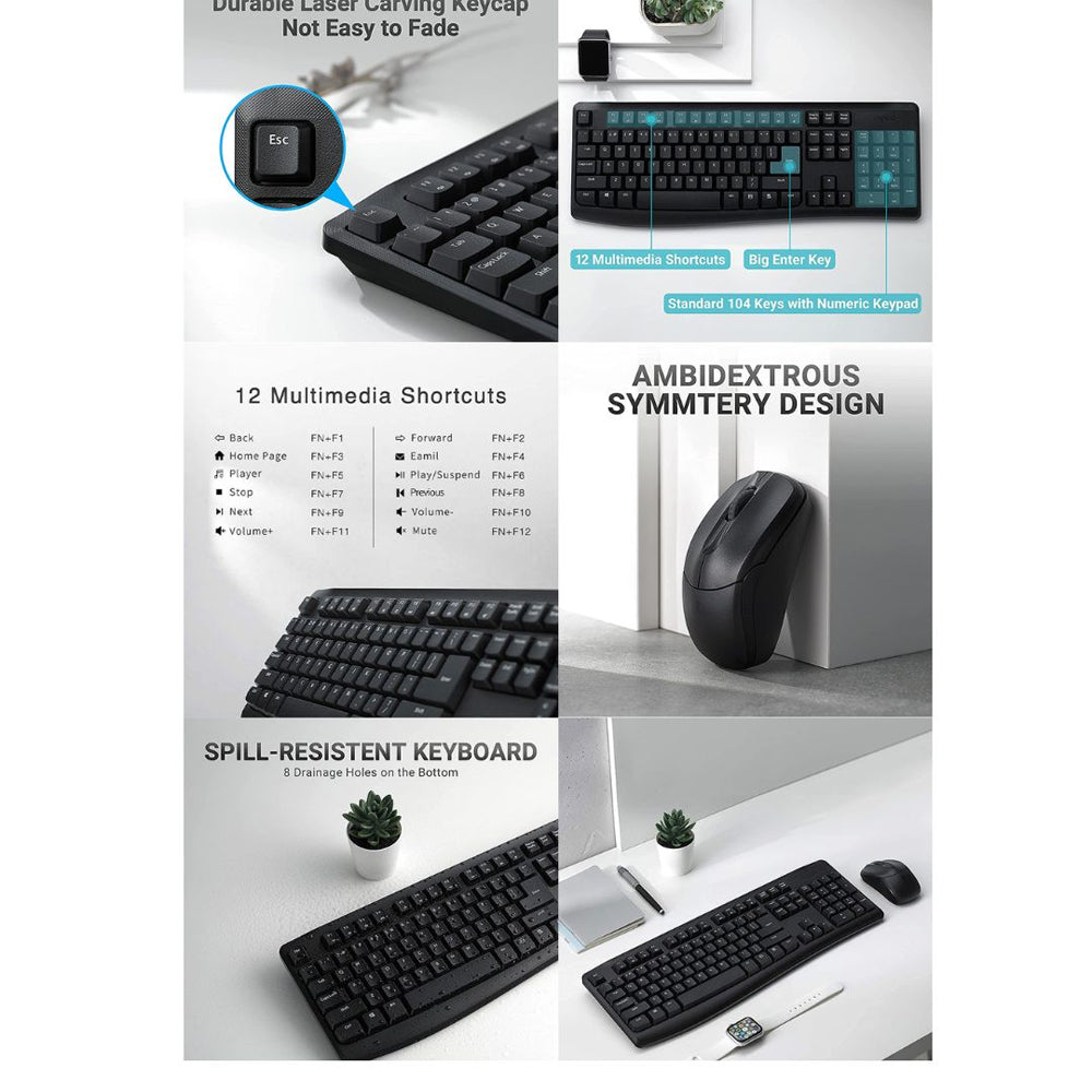 Rapoo X1800Pro Wireless Keyboard and Mouse Combo 2.4G 10M Range 1000 DPI Spill Resistant Nano Receiver
