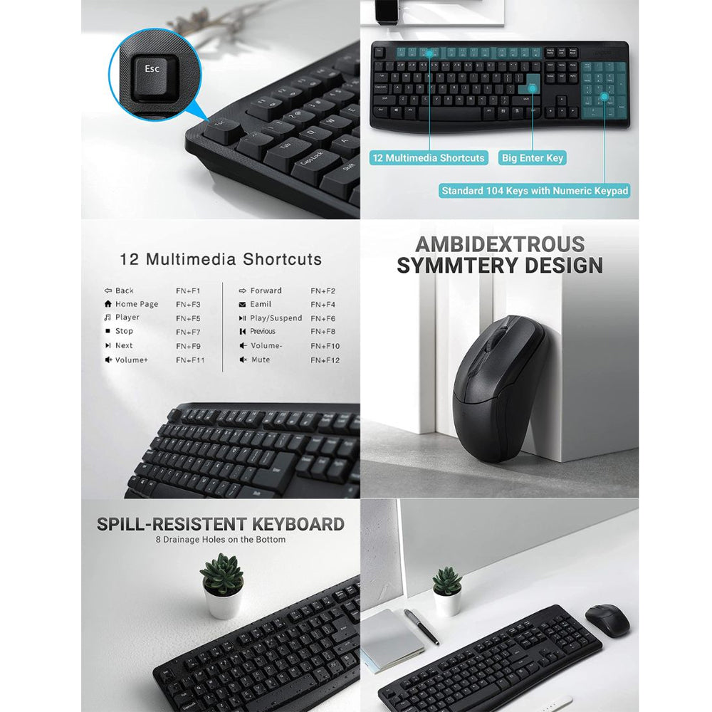 Rapoo X1800Pro Wireless Keyboard and Mouse Combo 2.4G 10M Range 1000 DPI Spill Resistant Nano Receiver