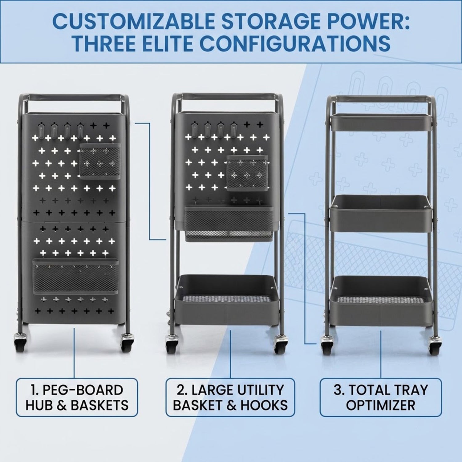 3 Tier Kitchen Storage Trolley Cart with Pegboard Baskets Hooks Grey