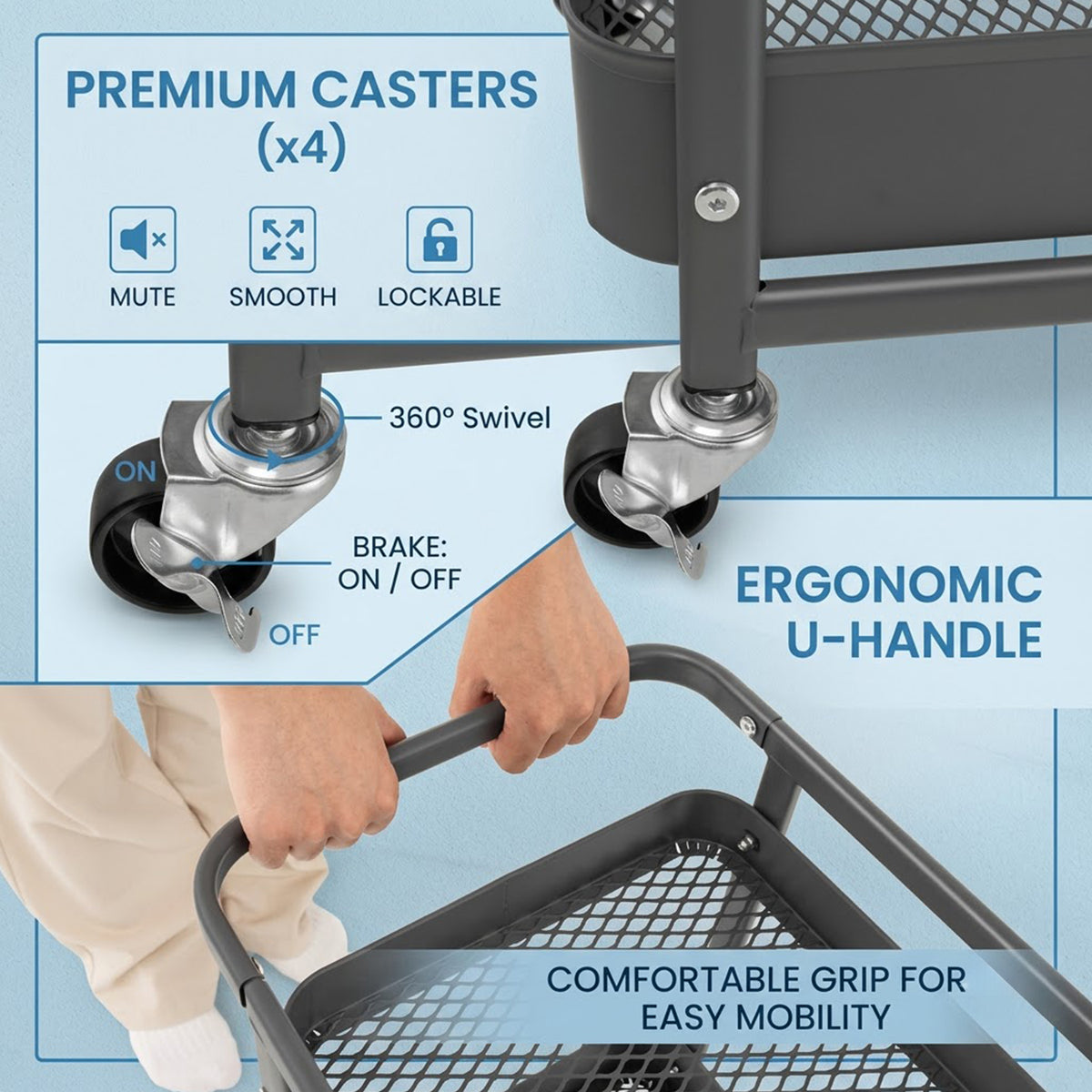 3 Tier Kitchen Storage Trolley Cart with Pegboard Baskets Hooks Grey