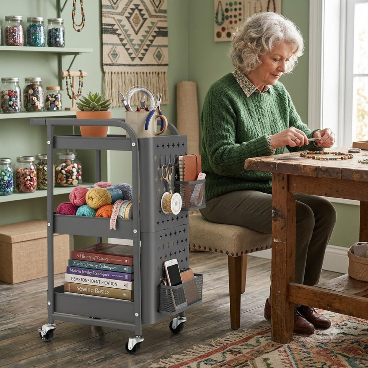 3 Tier Kitchen Storage Trolley Cart with Pegboard Baskets Hooks Grey