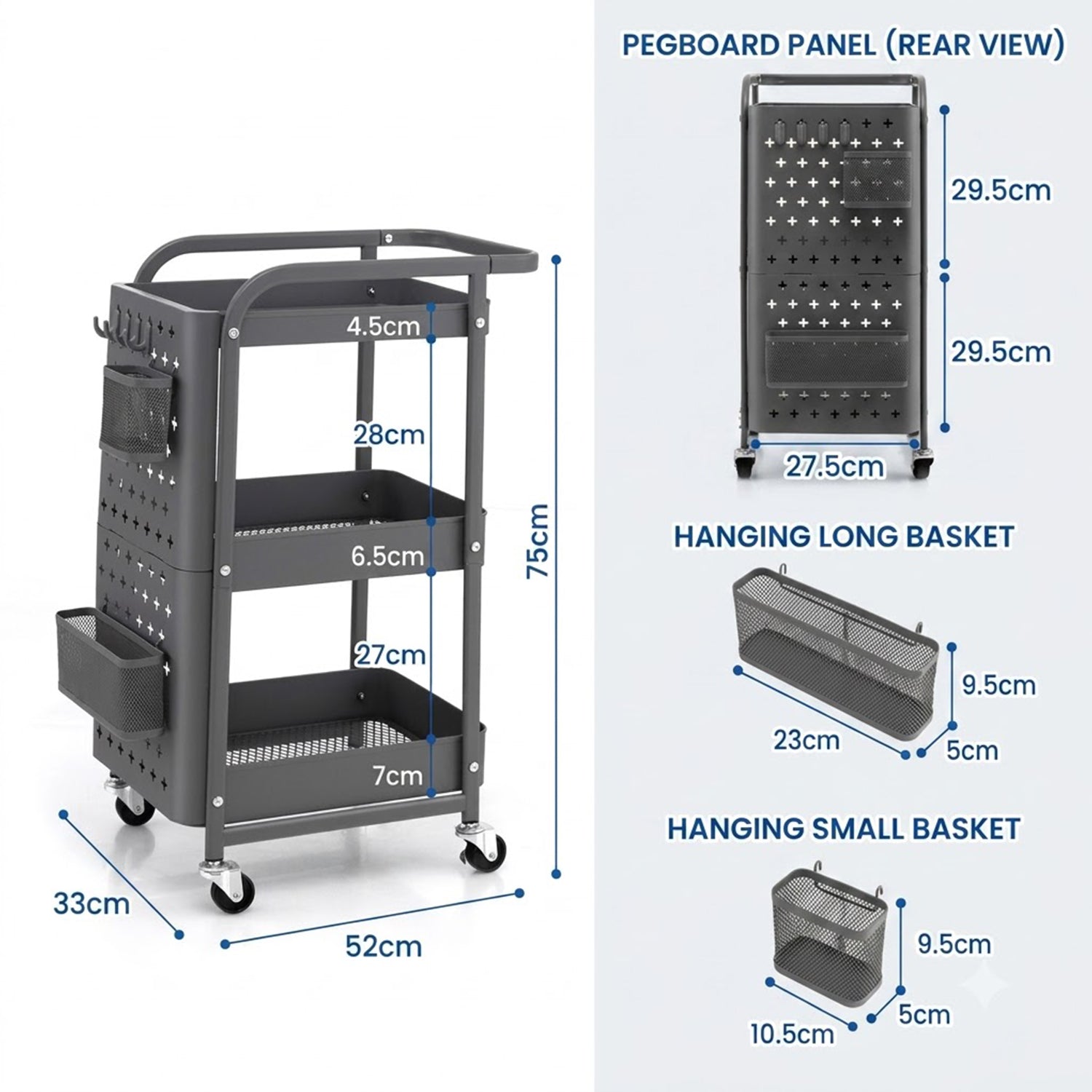 3 Tier Kitchen Storage Trolley Cart with Pegboard Baskets Hooks Grey