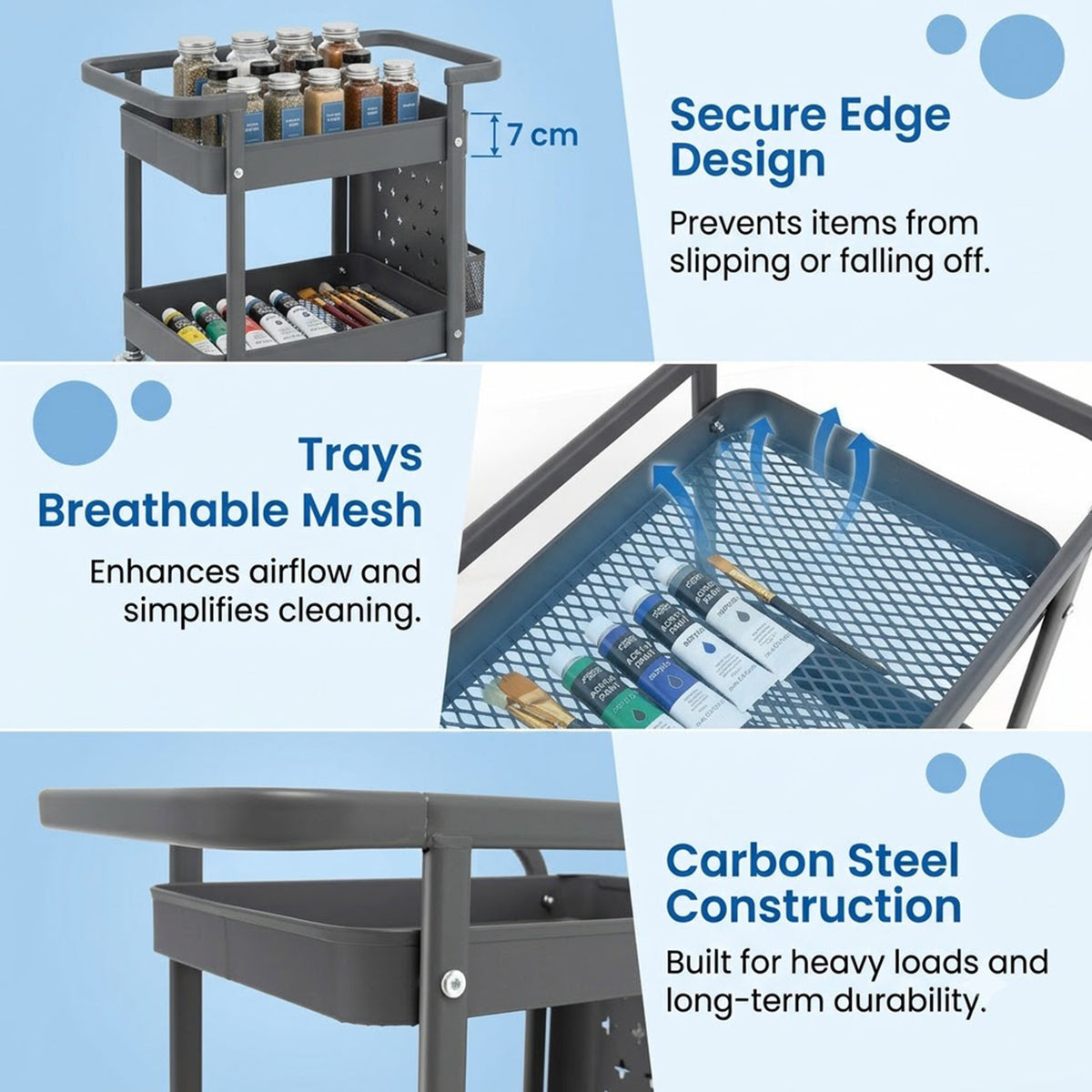 3 Tier Kitchen Storage Trolley Cart with Pegboard Baskets Hooks Grey