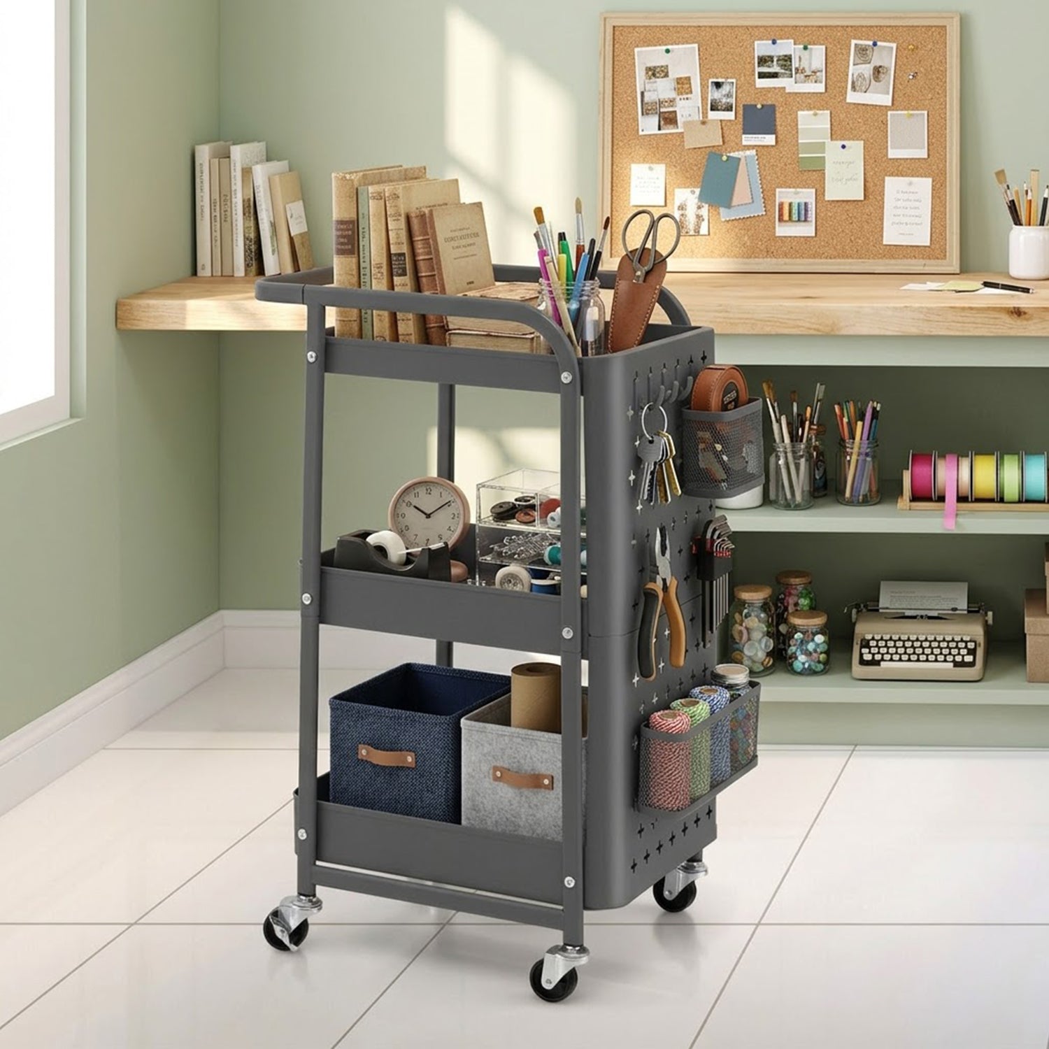 3 Tier Kitchen Storage Trolley Cart with Pegboard Baskets Hooks Grey