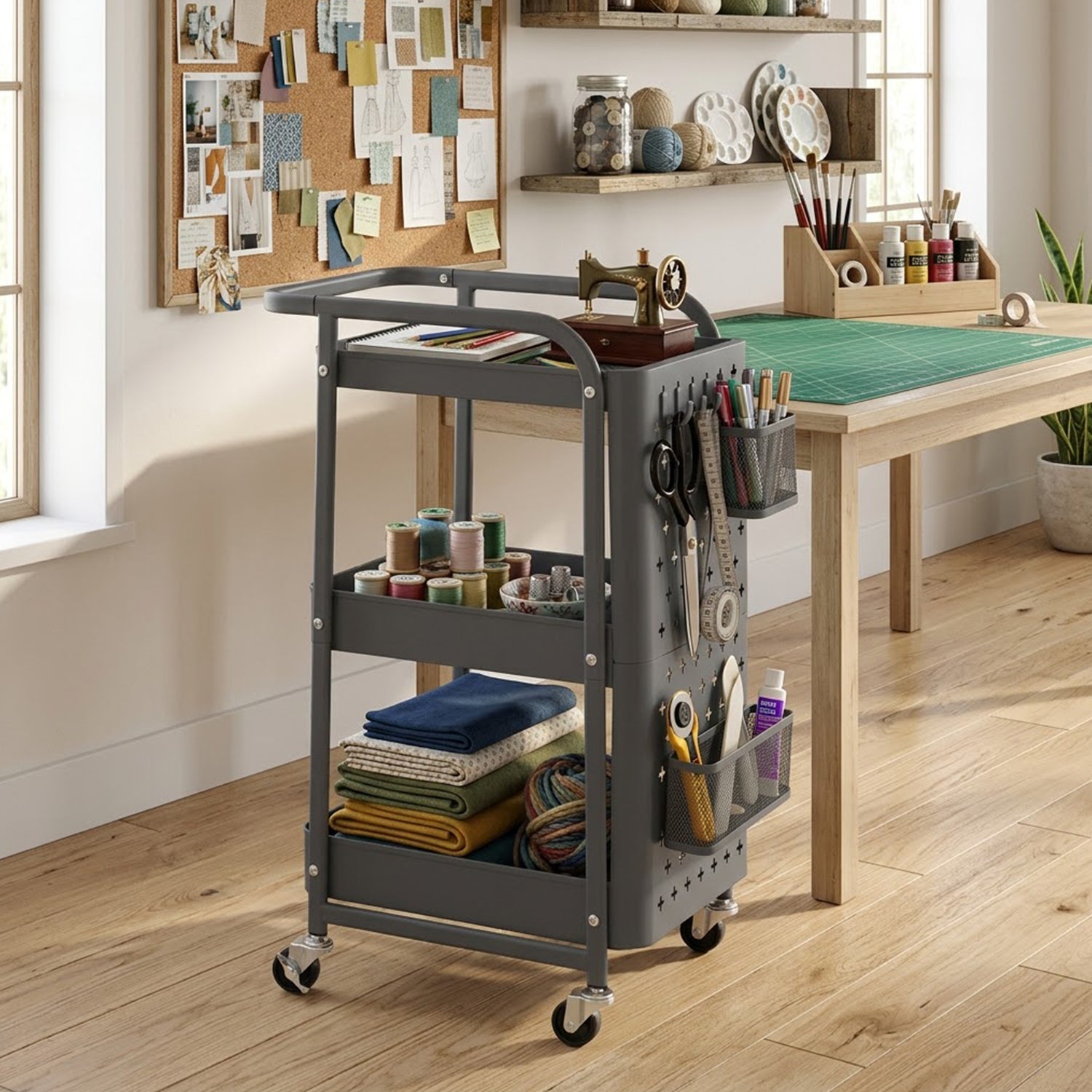 3 Tier Kitchen Storage Trolley Cart with Pegboard Baskets Hooks Grey