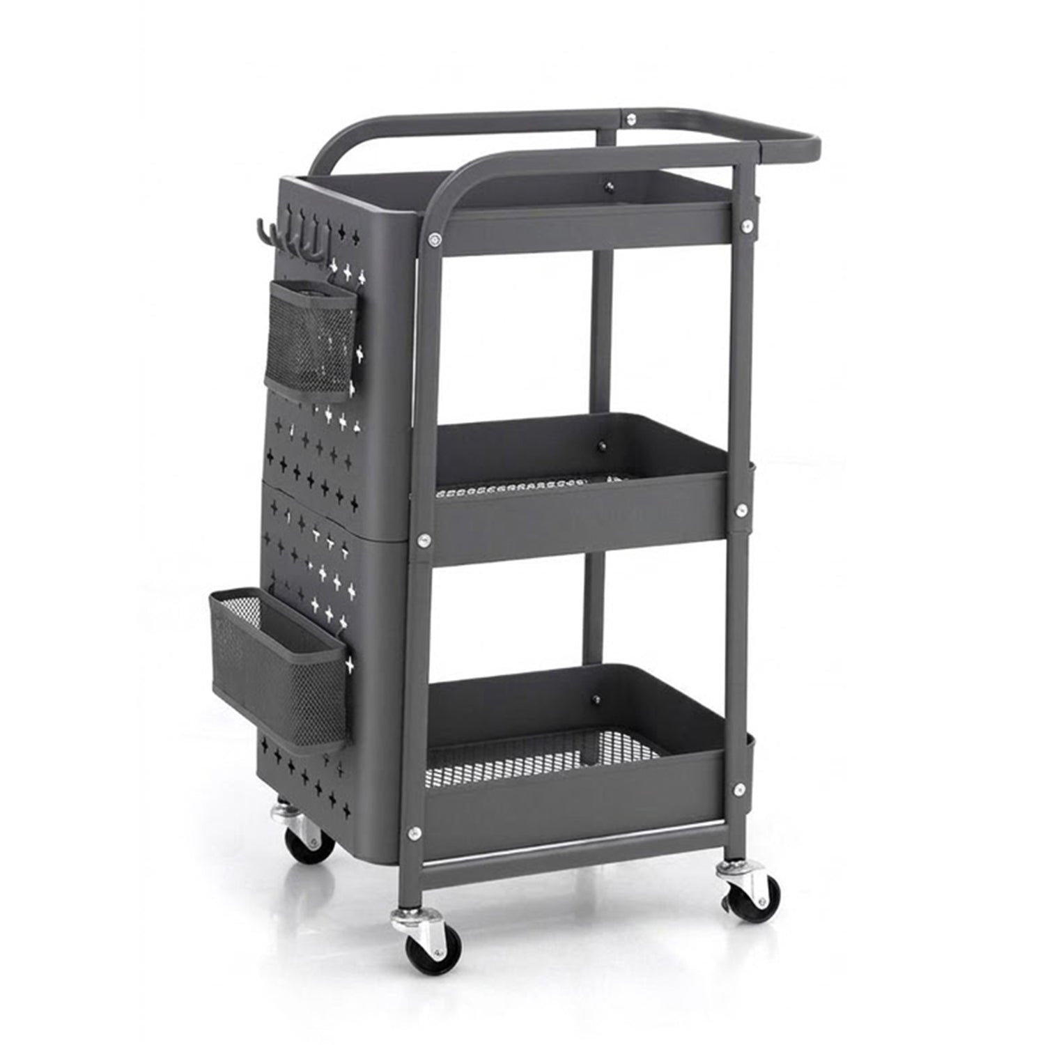 3 Tier Kitchen Storage Trolley Cart with Pegboard Baskets Hooks Grey