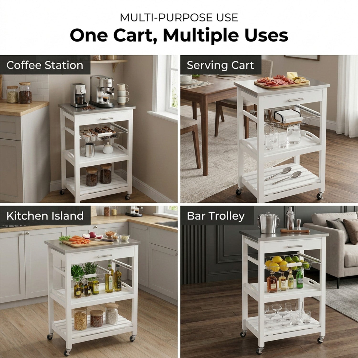 Kitchen Rolling Island with Stainless Steel Countertop and Basket Storage