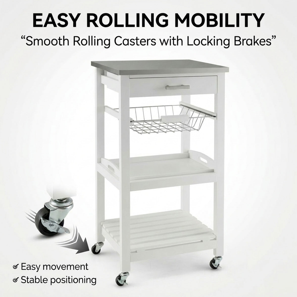 Kitchen Rolling Island with Stainless Steel Countertop and Basket Storage