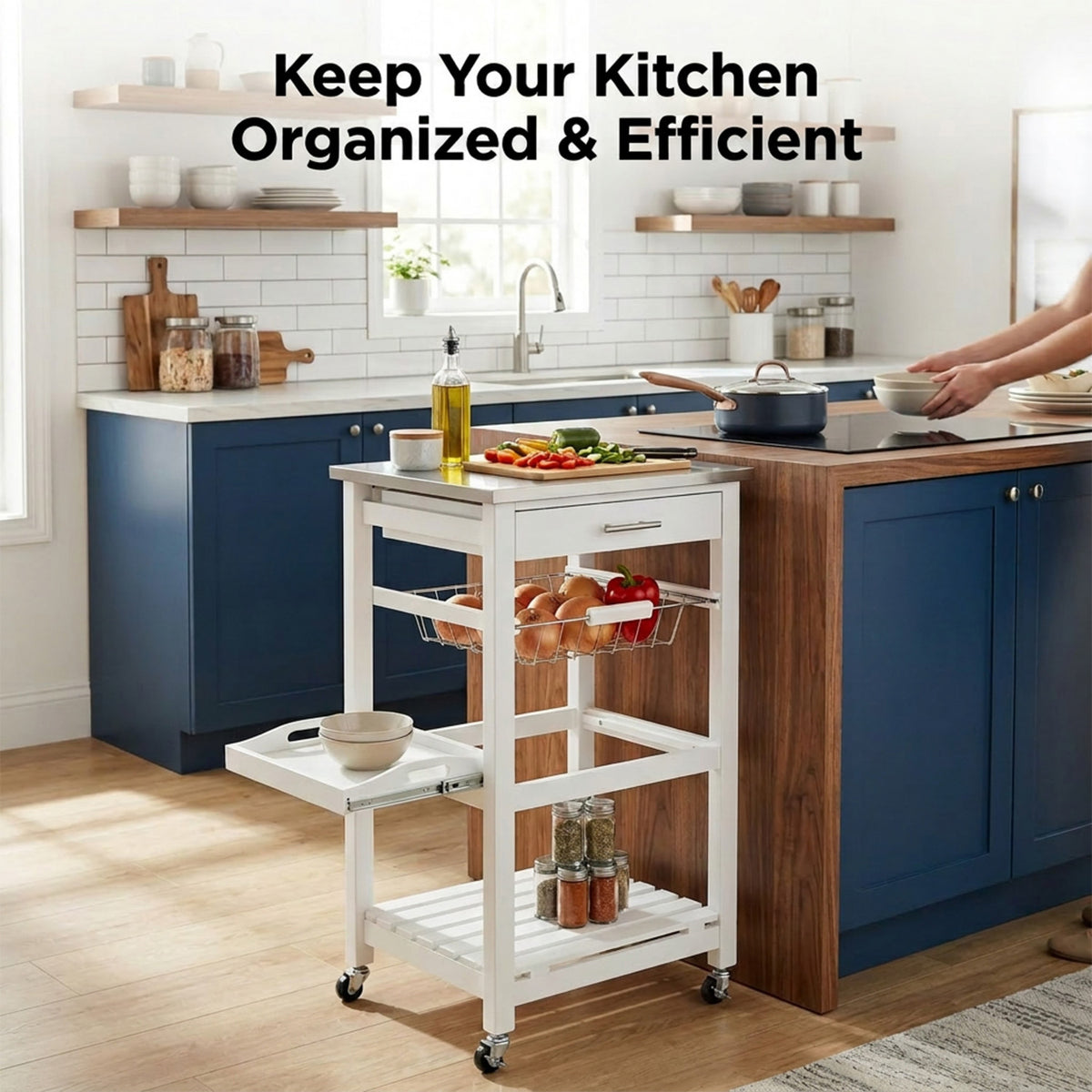 Kitchen Rolling Island with Stainless Steel Countertop and Basket Storage