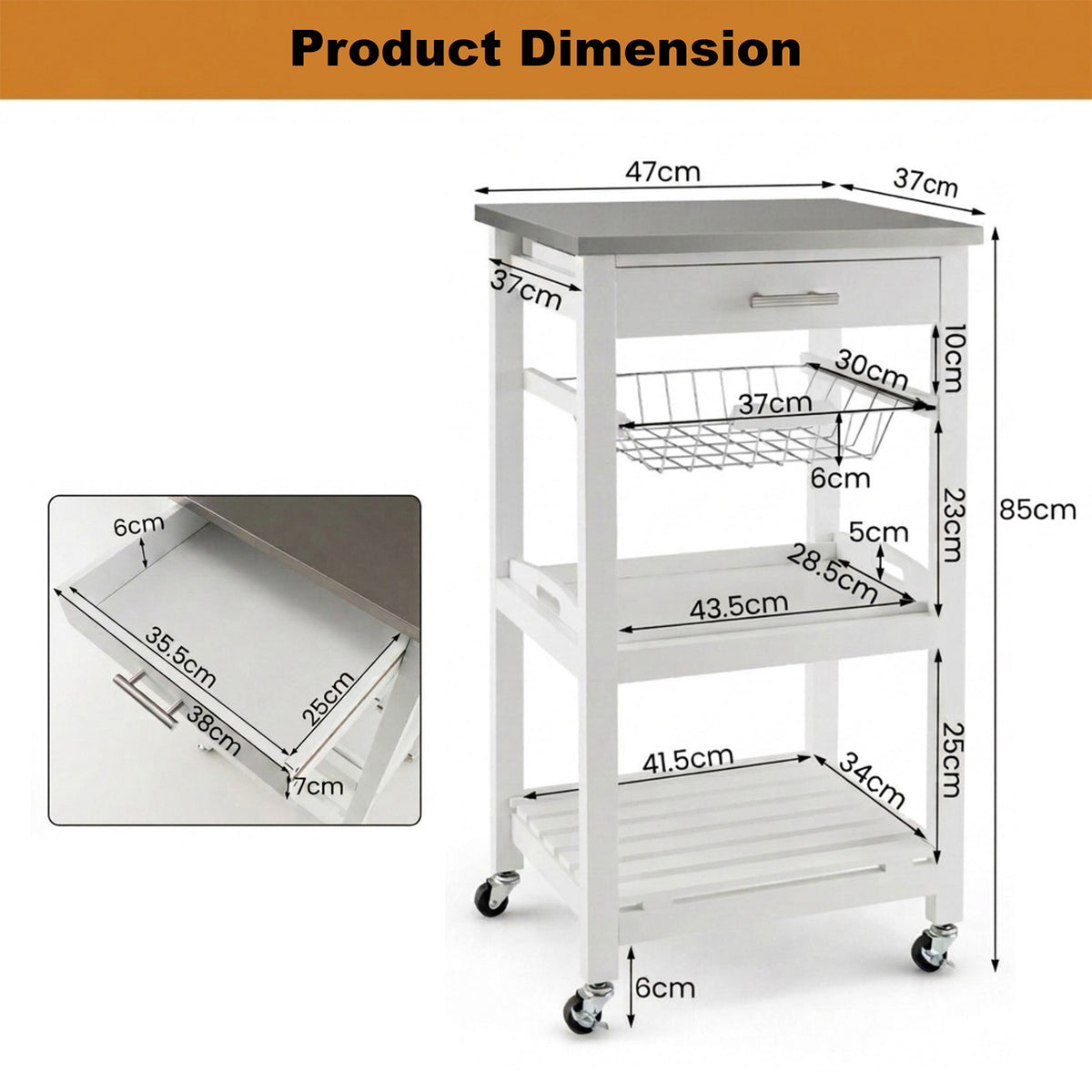 Kitchen Rolling Island with Stainless Steel Countertop and Basket Storage