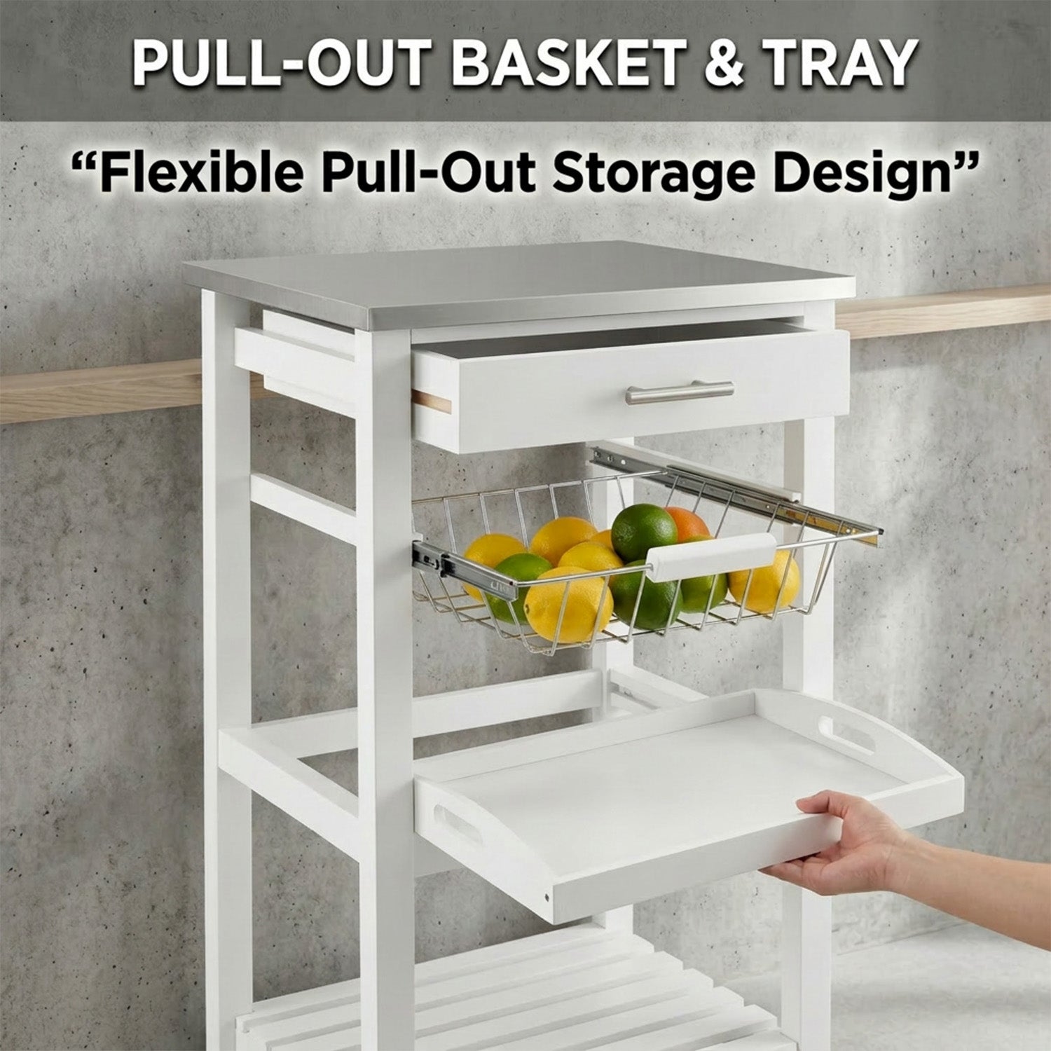 Kitchen Rolling Island with Stainless Steel Countertop and Basket Storage