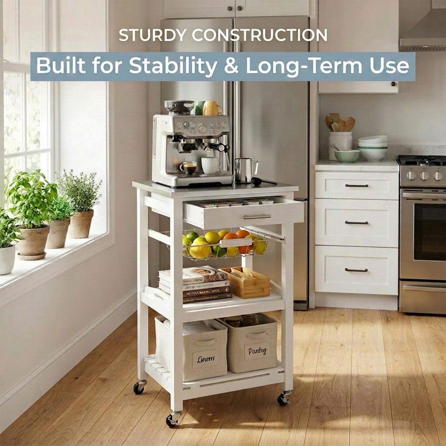 Kitchen Rolling Island with Stainless Steel Countertop and Basket Storage