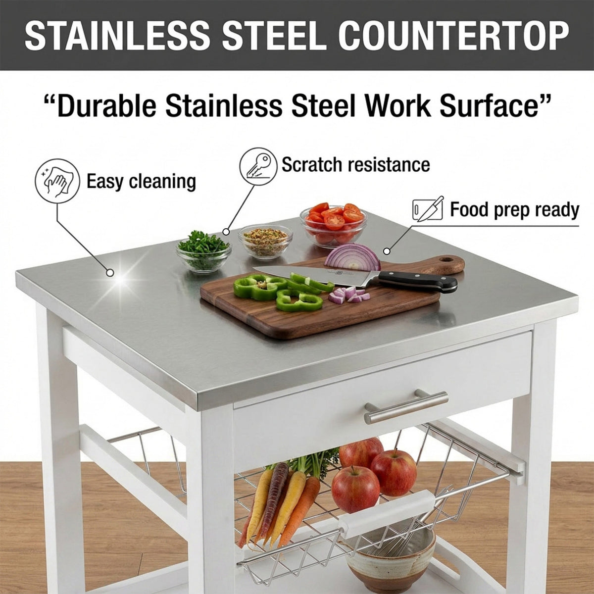 Kitchen Rolling Island with Stainless Steel Countertop and Basket Storage