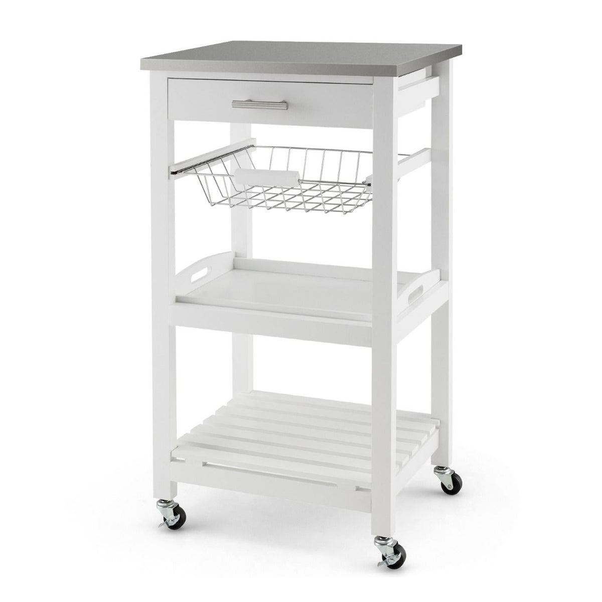 Kitchen Rolling Island with Stainless Steel Countertop and Basket Storage