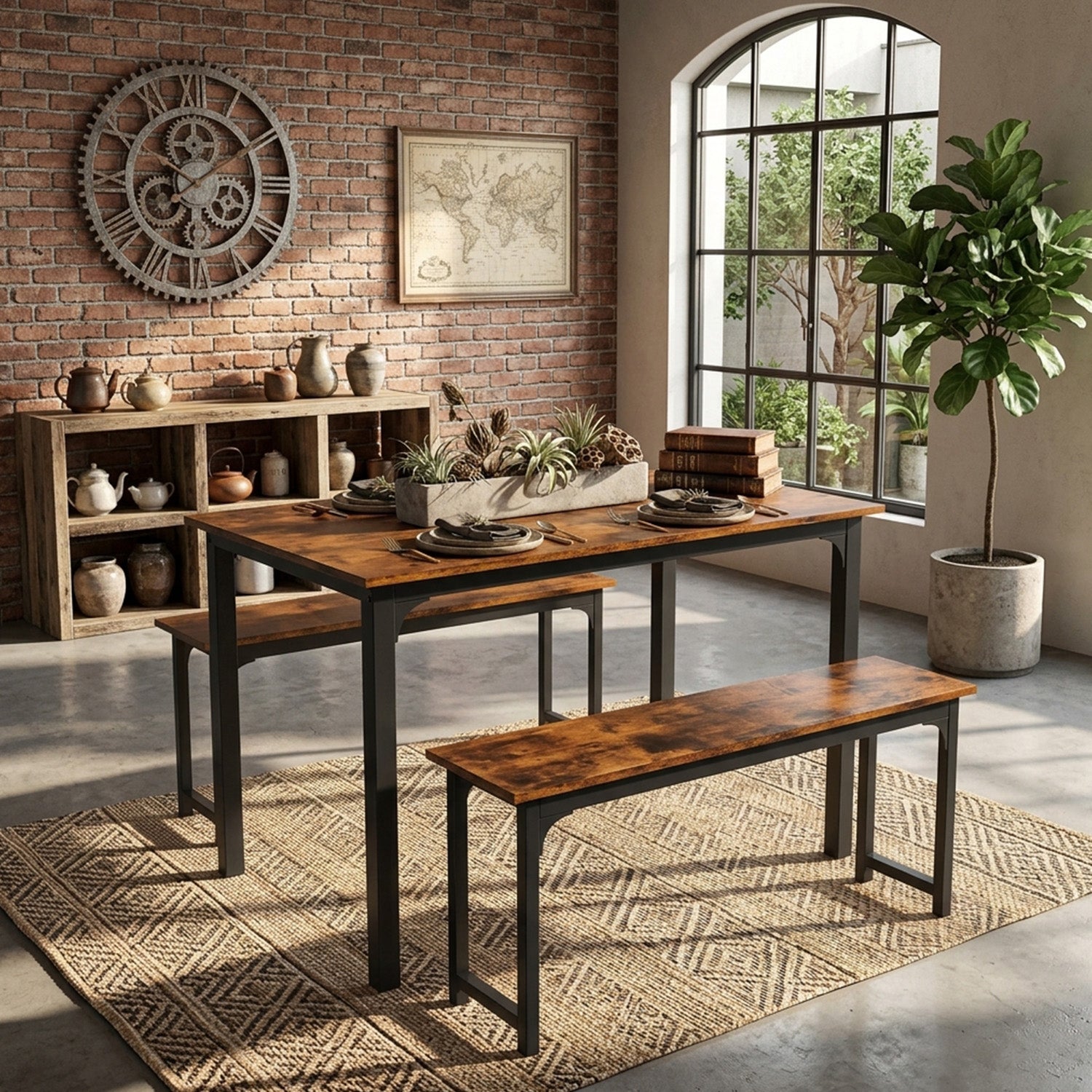 Space Saving Dining Table Set for 4 with 2 Benches Kitchen Furniture